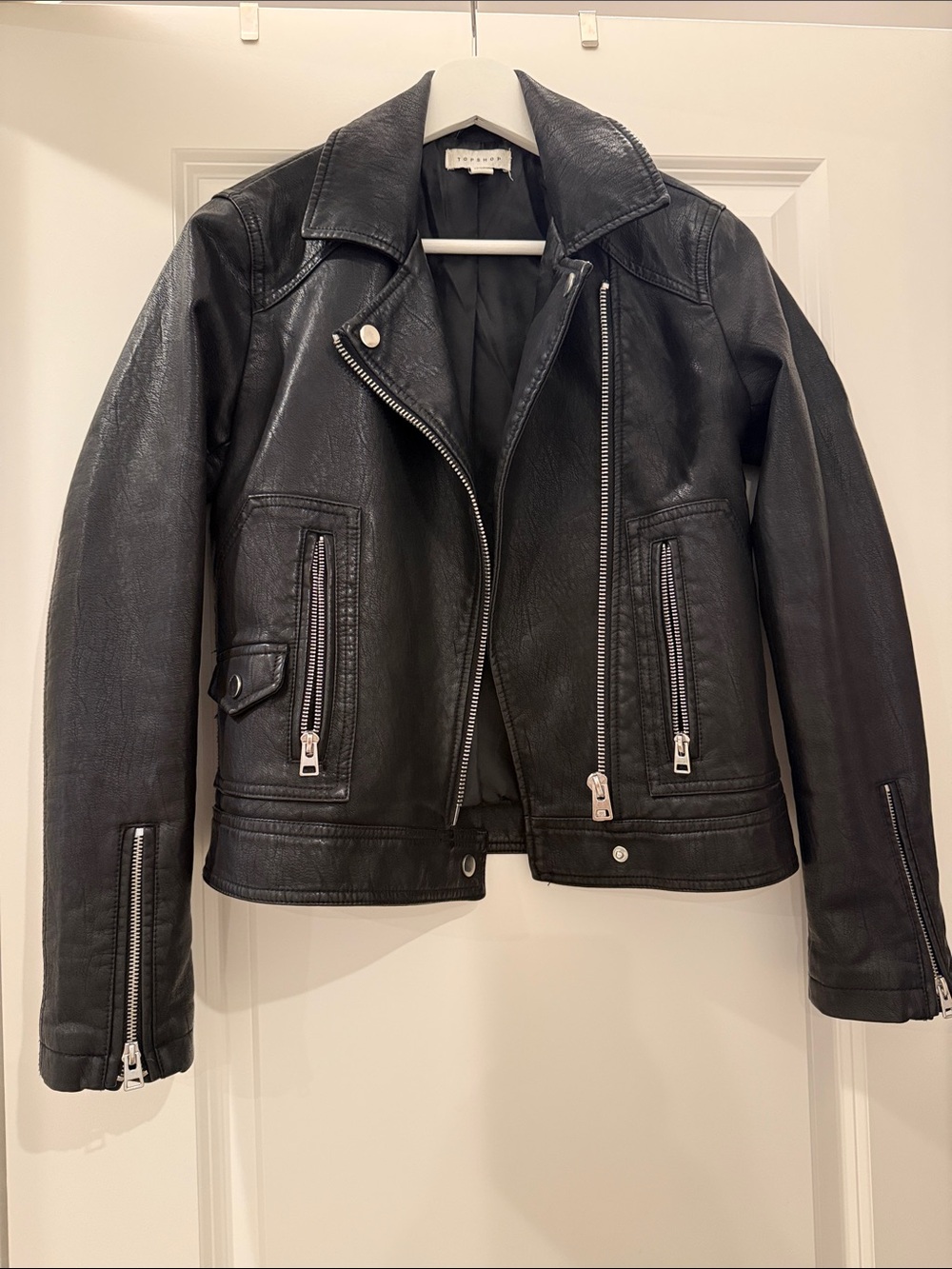 Topshop Black Leather Moto Jacket with Silver Hardware